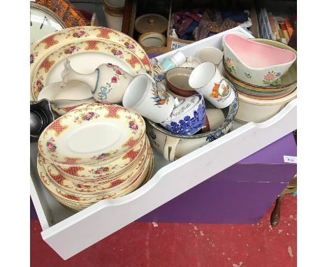 A drawer of collectable porcelain which includes Scotch Ivory dinner set, Rule Britannia antique mug, various royalty cups an