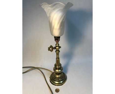 A Victorian gas fitment lamp base fitted with a frosted glass shade. 