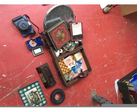 Two boxes of collectables to include vintage playing cards, gramophone stylist, Fuji film camera, Rolls Royce Gleneagles disp