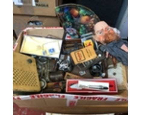 A lot of collectables which includes old hand puppet, magnifying glass, car paperweight, radio and first aid outfit and conte