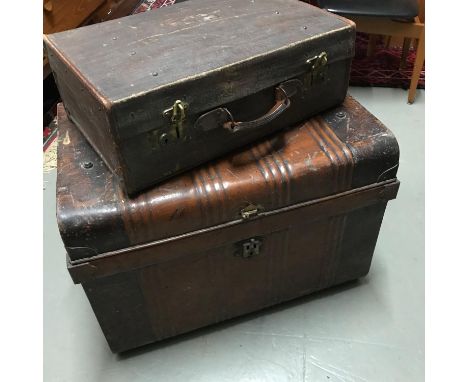 A Vintage rustic style metal travel trunk produced by Alexander Muir, Edinburgh. Together with a small hand luggage case. 