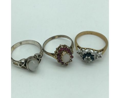 Antique Birmingham silver ladies Single Opal and garnet/Ruby cluster ring. 925 Silver celtic design ring and Gilt metal ring 