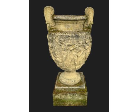 A large classical revival krater shaped garden vase, cast overall with dancing figures, stepped plinth, 1.24m high**Please no