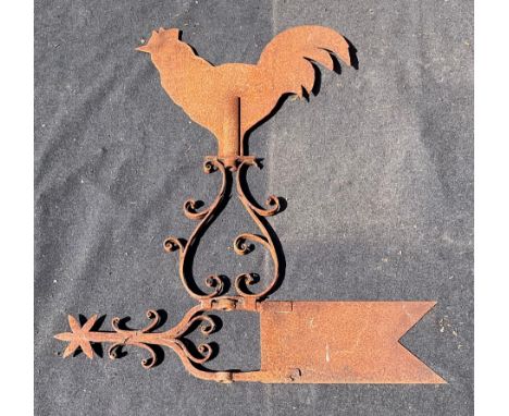 A wrought iron weather vane, decorated with a cockerel and stylised arrow, 97cm high, 88cm wide**Please note that some of the