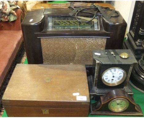 A slate cased mantel clock by J W Benson with Roman numerals, a mahogany cased mantel clock, a Victorian writing slope, Pye M
