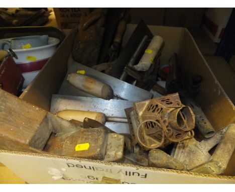 Two boxes of assorted metal wares, to include various hand tools, enamelled wares, lamps, pipes, etc
