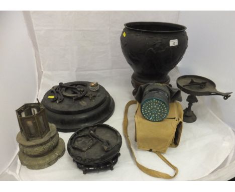A Japanese bronzed vase decorated with phoenix in flight, an Elkington style bronzed pedestal dish, an Avon respirator, a Chi
