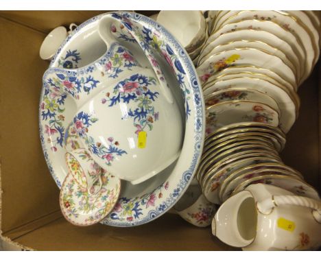 Three boxes of assorted china wares to include a Copeland Spode wash bowl and jug, Wedgwood "Rosemary" pattern tea wares and 