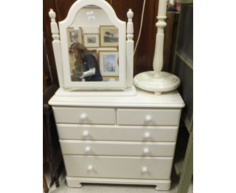 A modern Sheredon white wood chest of two short over three long drawers, together with a similar dressing table mirror and a 