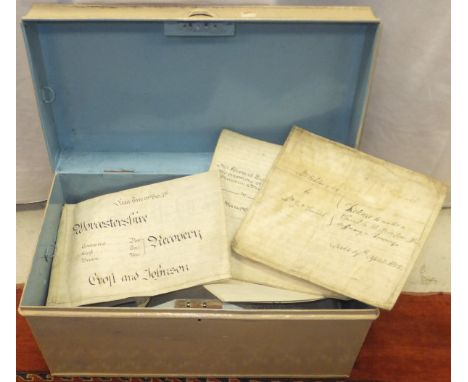 A tin trunk containing various 19th Century indentures 