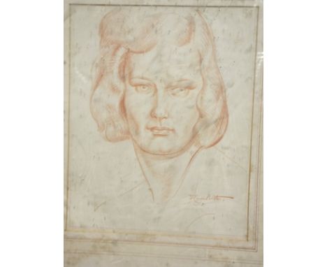 A box containing various pictures to include pencil portrait study of a young woman, indistinctly signed lower right, togethe
