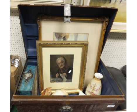 A painted metal trunk containing a Beswick figure of a cat, Staffordshire spaniel ornament, pair of Devon ware "Etna" vases, 