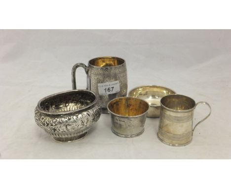 A silver quaiche (by HEB, Chester, 1913), a silver Christening mug (by HA, Sheffield, 1882) and inscribed to base "Wilson & S