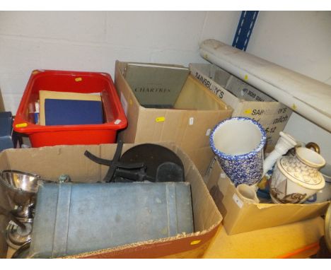 A large collection of assorted glass, plated wares, an oak cased barometer, etc