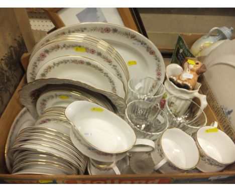 A box containing Paragon "Belinda" pattern dinner and tea wares, together with various prawn cocktail glasses, two pictures, 