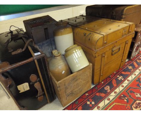 Three various trunks / cases, a pigeon hole unit, three stoneware jars and three various wooden crates CONDITION REPORTS The 