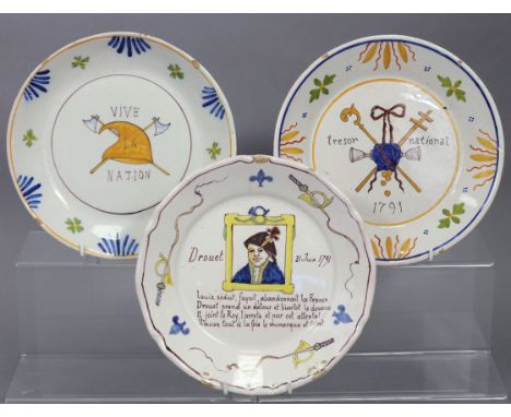 A late 18th century faience plate commemorating the French Revolution, painted with portrait of Jean-Baptiste Drovet to the c