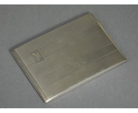 A silver engine-turned cigarette case with engraved initials to one side, the interior engraved with the names of various R.A