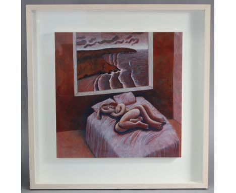 TREVOR PRICE (b. 1966).  A couple resting, with a winter seascape above.  Signed lower right; mixed media on board: 23¼” x 23