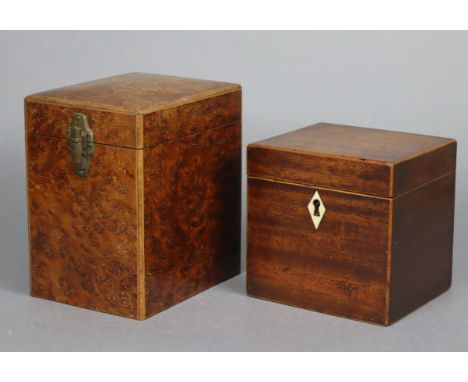 A Georgian small inlaid mahogany tea caddy with hinged lid, 4½” wide x 4½” high x 4” deep; &amp; a burr walnut tea caddy with