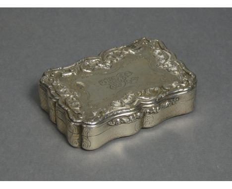 An early Victorian silver presentation large snuff box of rectangular shape with serpentine sides, engine-turned &amp; engrav