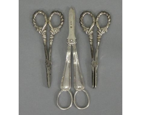 A pair of George V silver thread pattern grape scissors, Sheffield 1927, by W. S. Hutton &amp; Sons (3.3 oz); &amp; two pairs