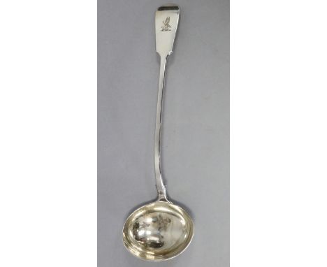 A Victorian silver Fiddle pattern soup ladle with oval bowl &amp; engraved family crest to terminal, 14½” long; Exeter 1859, 