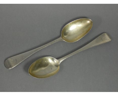 A pair of Victorian silver Old English table spoons with engraved crest to terminals, London 1854 by G. W. Adams, 5 oz; &amp;