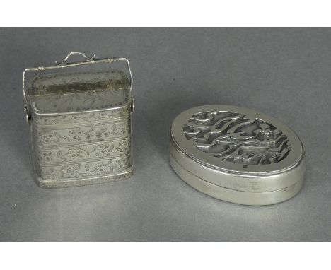 A Chinese silver small box in the form of a miniature picnic box of three stacking tiers, with removable cover, swing handle,