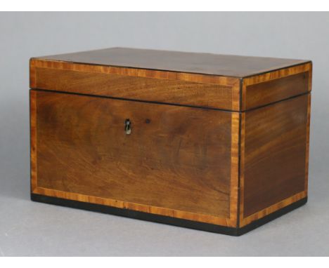 A 19th century inlaid mahogany tea caddy with all-over satinwood crossbanding, the hinged lid enclosing two removable foil-li