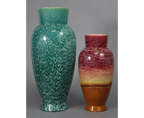 A Linthorpe pottery slender ovoid vase with speckled green “robin’s-egg” glaze, 12¼” high; &amp; another of ox-blood to amber