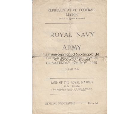 WARTIME - IPSWICH   Four page programme, Royal Navy v Army, 17/11/45 at Portman Road, Ipswich, players representing Wolves, W
