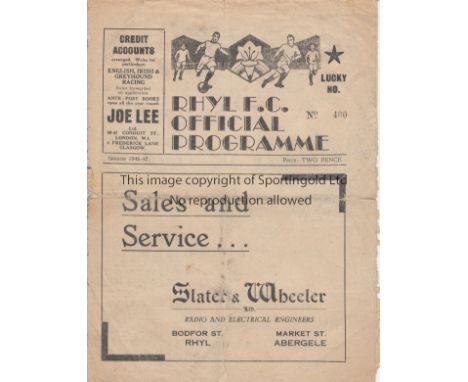 RHYL - WELLINGTON 46  Rhyl home programme v Wellington Town, 31/8/46, first post war  issue for Rhyl, Cheshire League, large 