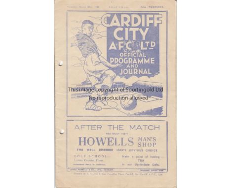 CARDIFF- CRYSTAL PALACE 38-39   Cardiff City home programme v Crystal Palace, 25/3/1939, punch-holes (minor print affected), 