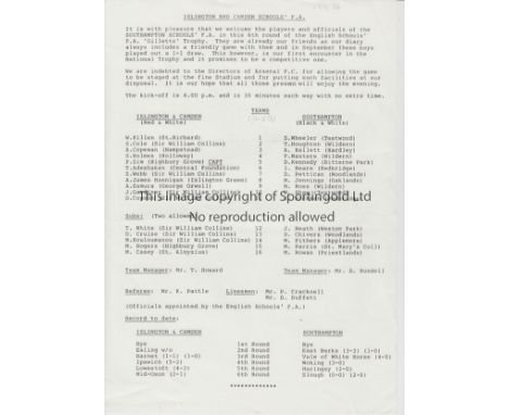 NEUTRAL AT ARSENAL       Islington & Camden v. Southampton Schools Gillette Trophy match played at Arsenal FC 17/3/1986.  Sin