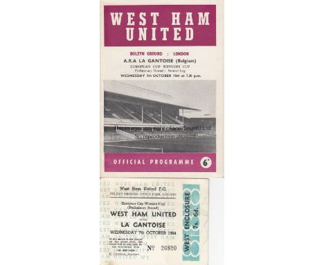 WEST HAM UNITED       Programme and ticket for the home ECWC match v. A.R.A La Gantoise 7/10/1964. Programme has team changes