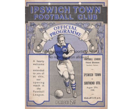 IPSWICH    Programme Ipswich Town v Southend United August 27th 1939. First game in the League. Punch holes but no text loss.