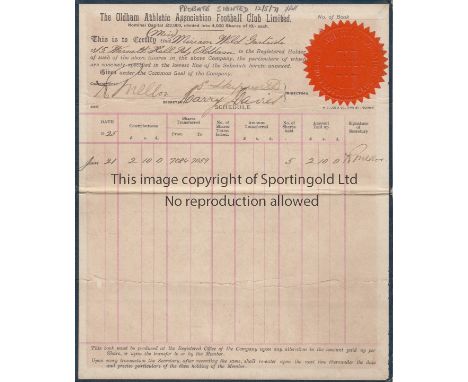 OLDHAM ATHLETIC SHARE CERTIFICATE      A hard back certificate issued to Miriam Wild Gartside on 21/1/1925 with the Company s