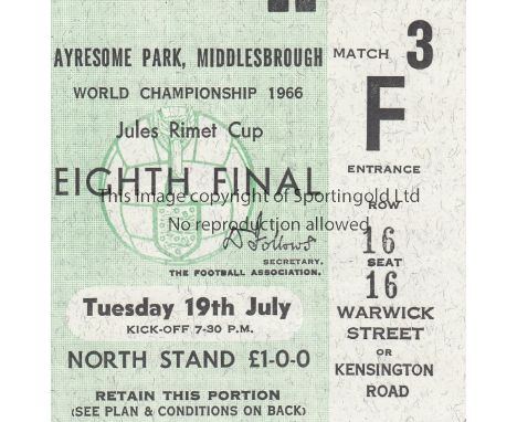 WORLD CUP 1966    World Cup seat ticket Italy v North Korea at Ayresome Park , Middlesbrough 19th July 1966.   Good      