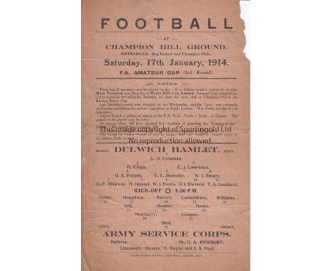 DULWICH - ARMY SERVICES CORPS 1914   Dulwich Hamlet single sheet programme v Army Service Corps, 17/1/1914, Amateur Cup, slig