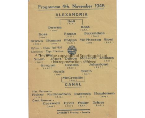 WARTIME- EGYPT   Single sheet programme, 4/11/45, Alexandria v Canal, both teams consisted of British Army and RAF players pl