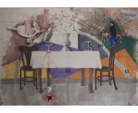 Micheal Farrell 1940-2000 VIN DE PAYSMixed media on paper laid  on canvas, 58" x 83" ( 147 x 211cm).Provenance: Jorgensen Fin