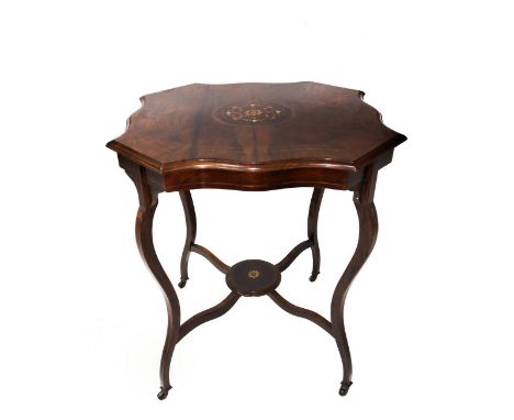 Profiled in light woods, top with floral inlays in the center and wheels on the bottom.  h 71 cm x 67 cm   Early 20th century