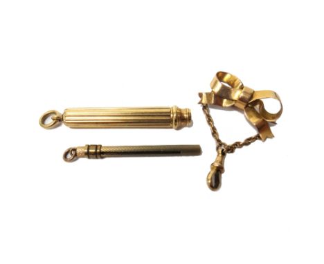 A S. Mordan & Co gold cased slide action pencil, with banded decoration, fitted with a suspension ring, a 9ct gold slide acti