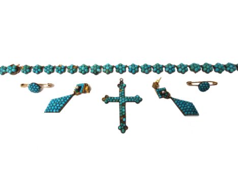 A turquoise set cluster link necklace, on a snap clasp (six turquoise lacking), a pair of turquoise and half pearl set pendan