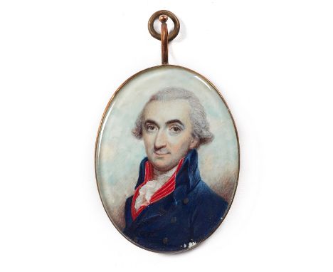 A late 18th century English School portrait miniature on ivory of a gentleman, wearing a blue coat with red lapel facings and