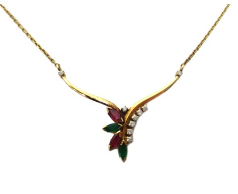 A 9ct gold, diamond, emerald and ruby pendant necklace, the front in a curved 'V' shaped design, mounted with two marquise sh