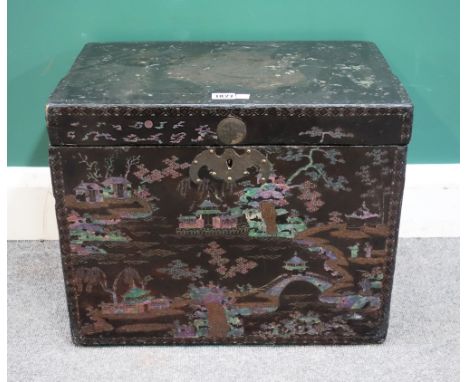 A 19th century Chinese mother-of-pearl inlaid black lacquer chinoiserie decorated rectangular lift top box, 48cm wide x 39cm 