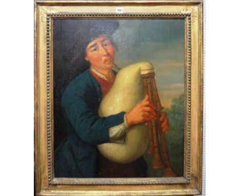 English Provincial School (late 18th/early 19th century), A man playing the bagpipes, oil on canvas, 72cm x 58cm.