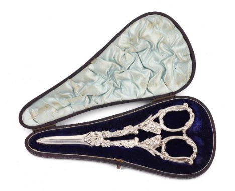 A pair of Victorian silver grape scissors, the cast handles decorated with fruiting vine, London 1893, weight 122 gms, with a